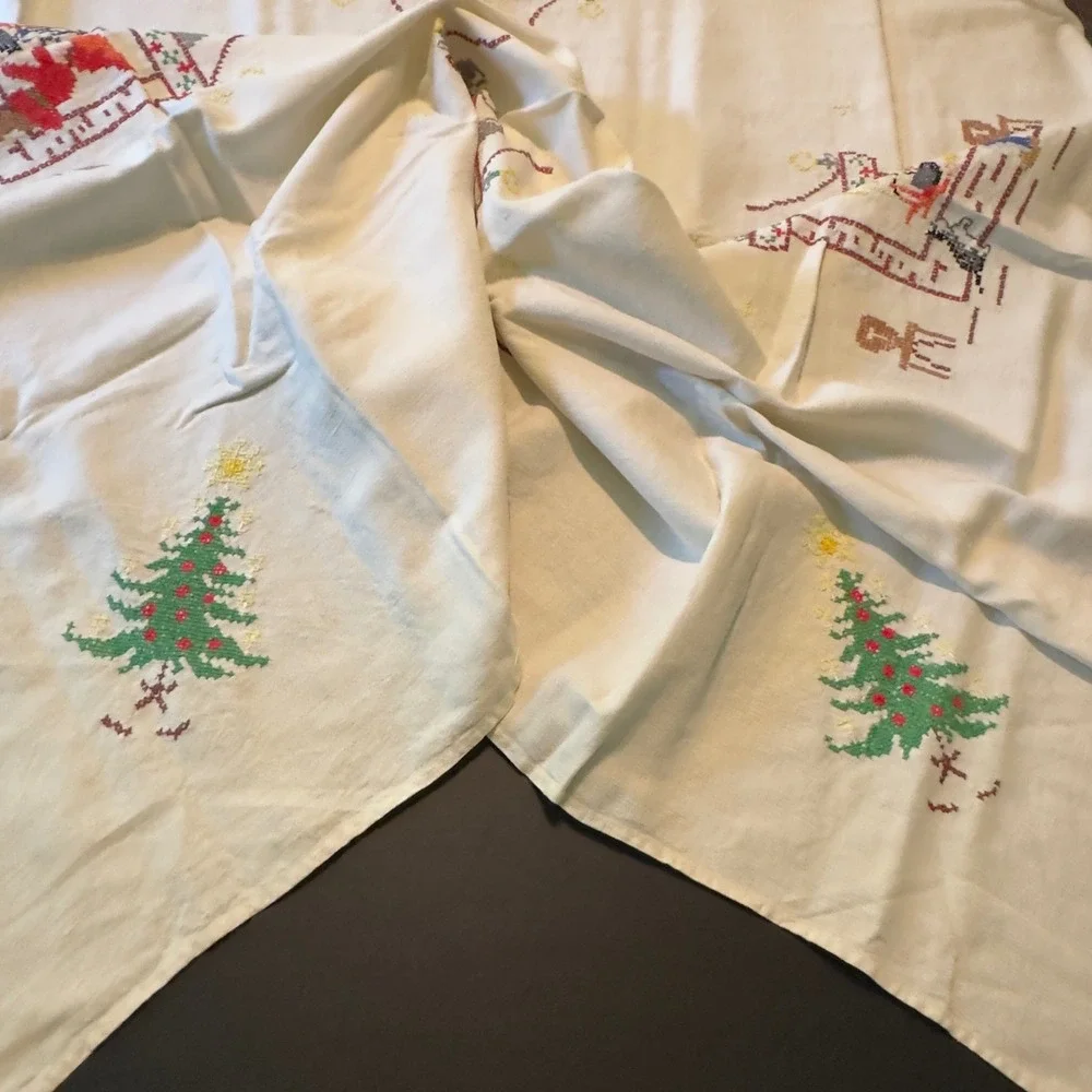 Vtg Tablecloth Embroidered Christmas Gnome Folk Art Linen 49x54 Scandinavian